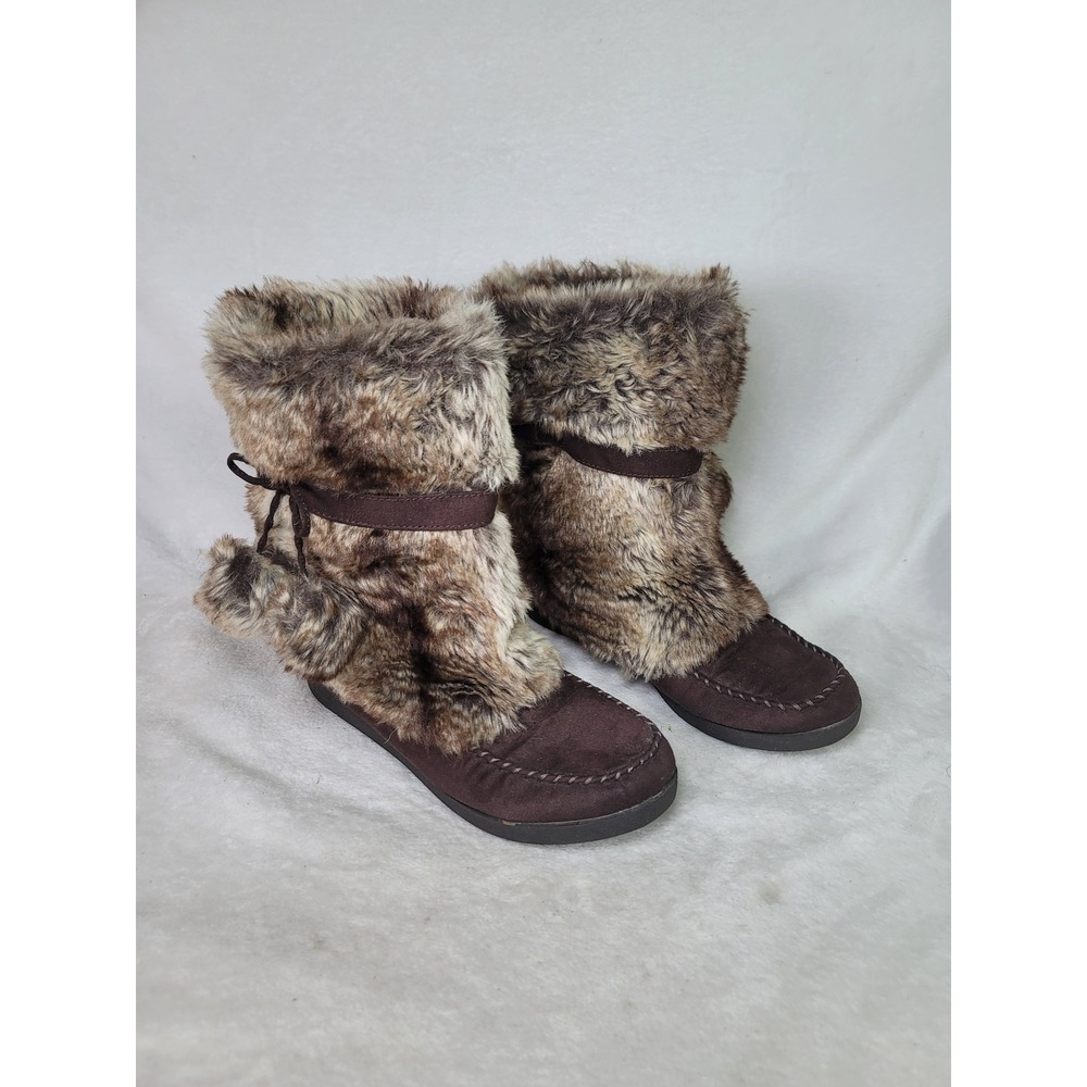 American Eagle Faux Fur Pom Pom Boots Brown Apres Ski Mid Calf 10 Cozycore Cabin